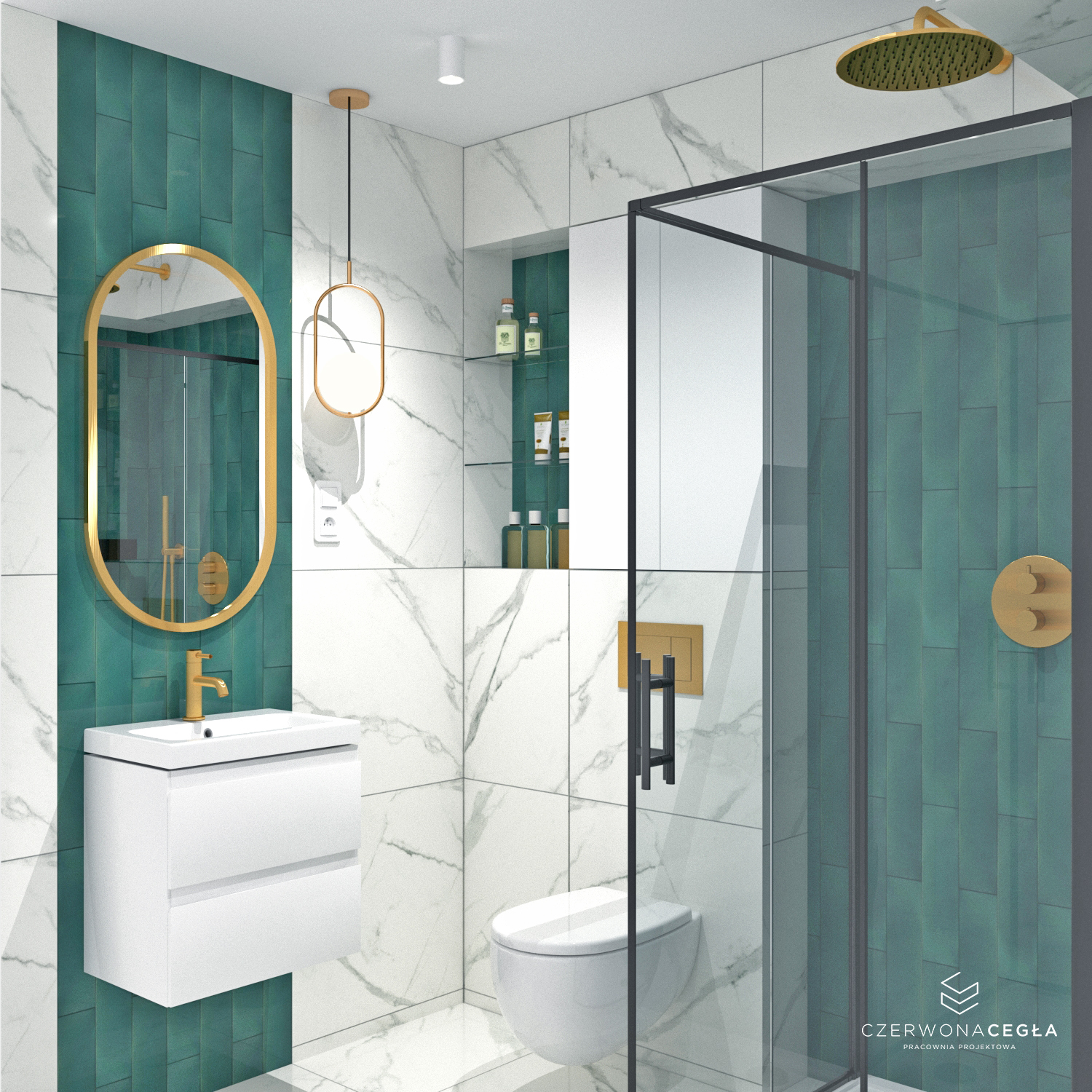 Stylowa łazienka z kombinacją marmuru i butelkowej zieleni, podkreślająca luksus i nowoczesny design
